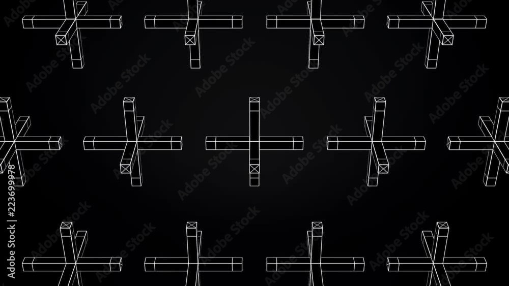 Abstract animation of movement of geometric shapes on a black background. Geometrically complex shapes