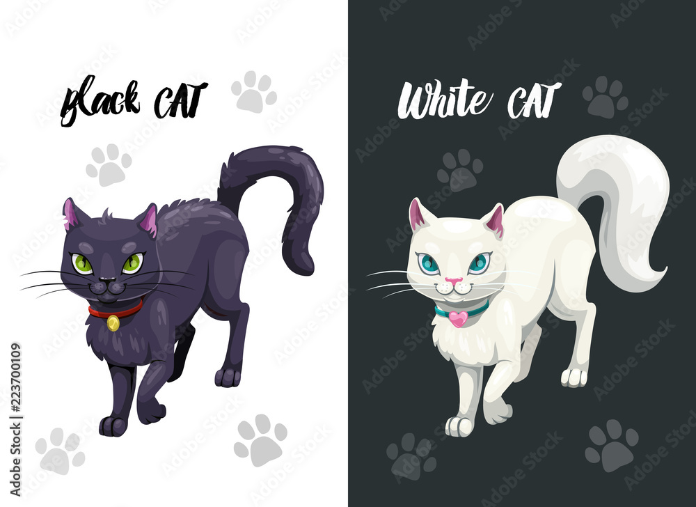 Black and white cat icons. Vector illustration.