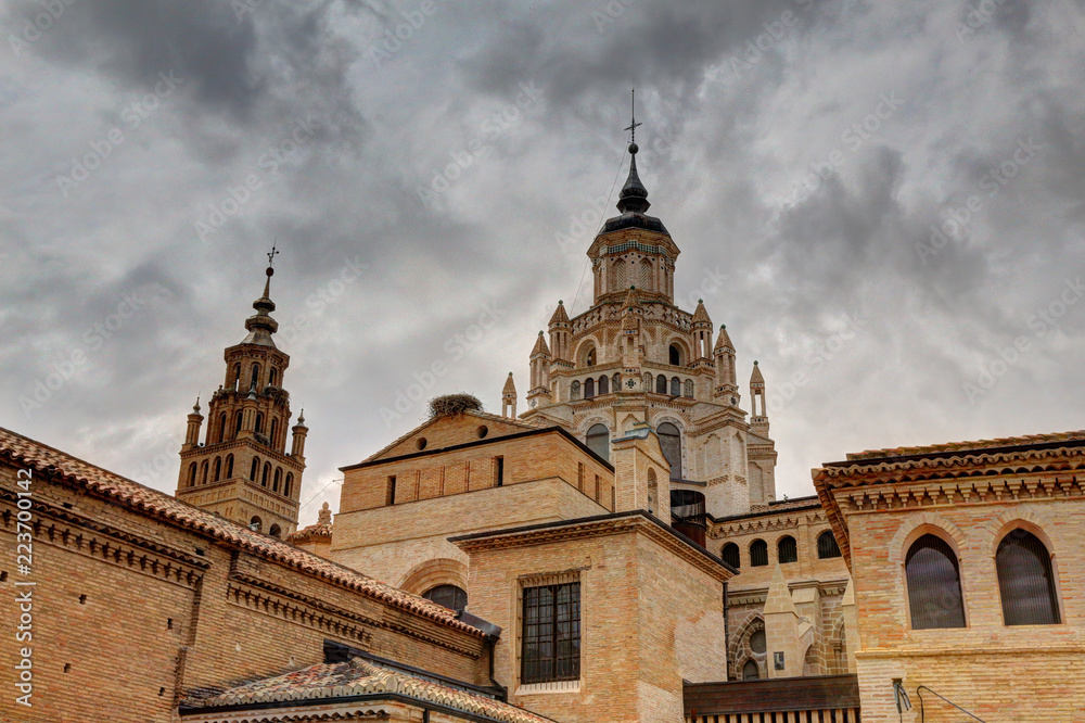 The Nuestra Señora de la Huerta gothic and mudejar cathedral dome and bell tower in a cloudy, autumn day in Tarrazona, Aragon, Spain