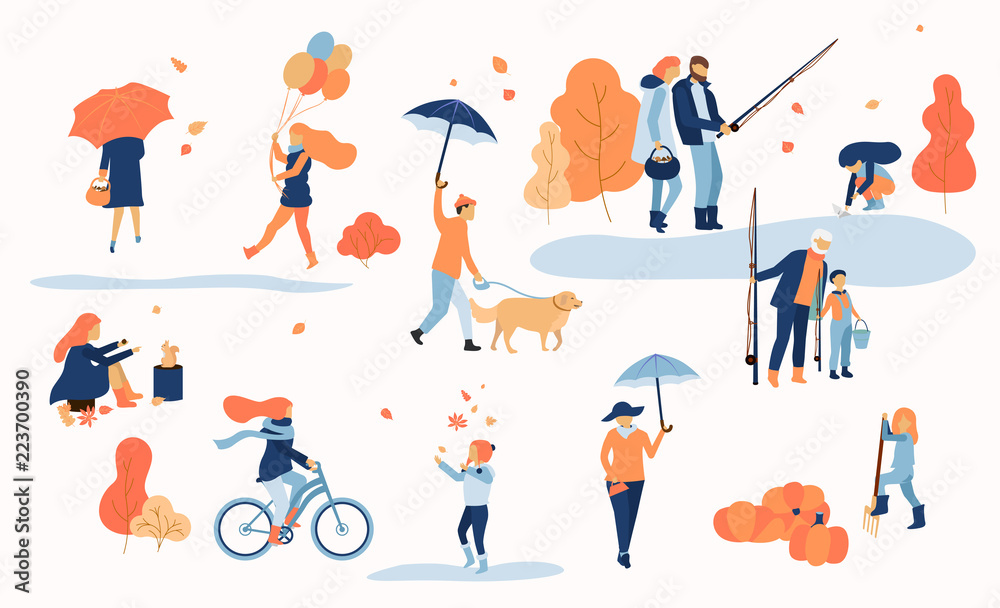 People spend leisure time outdoors in park. Autumn illustration. People spend leisure time outdoors in park. Autumn illustration.