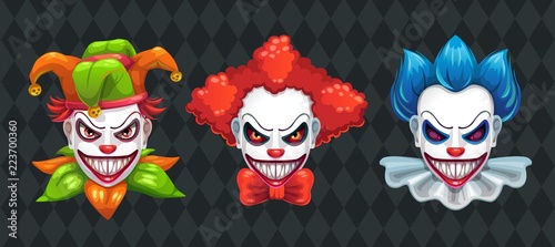 Creepy clown faces set. Spooky Halloween masks with angry smile.