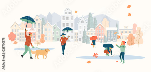 Autumn cityscape. People spend leisure time outdoors in park.
