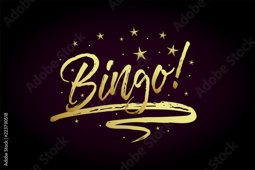 Bingo card, banner. Beautiful greeting poster with calligraphy gold text word ribbon star. Hand drawn design elements. Handwritten modern brush lettering on black background isolated vector.