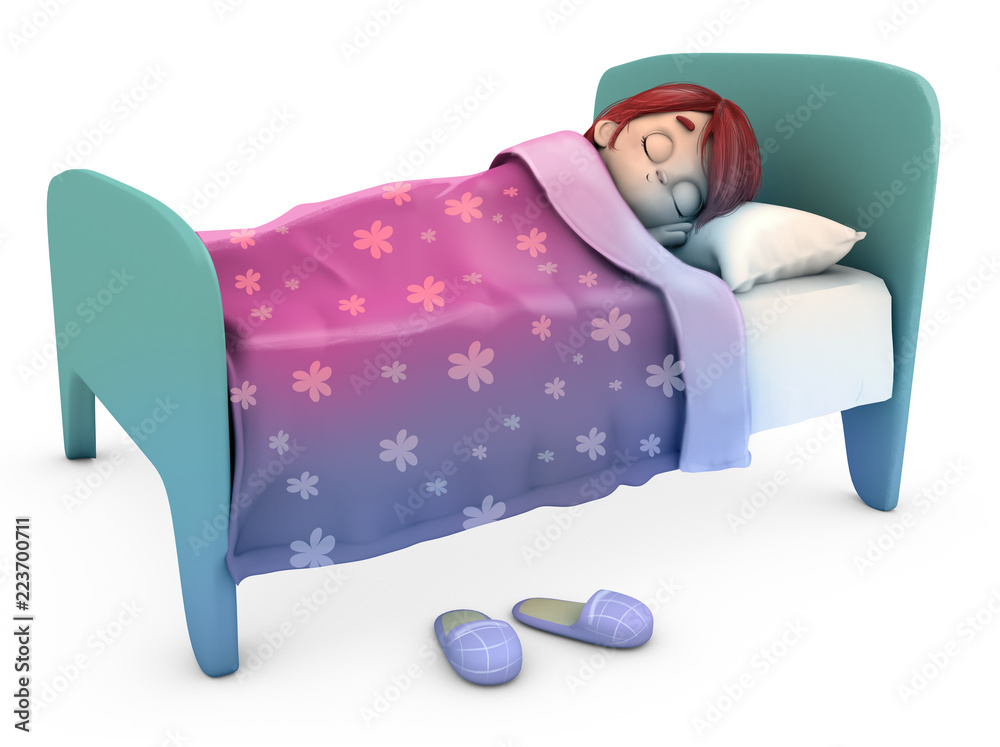 niña durmiendo en su cama ilustración de Stock | Adobe Stock