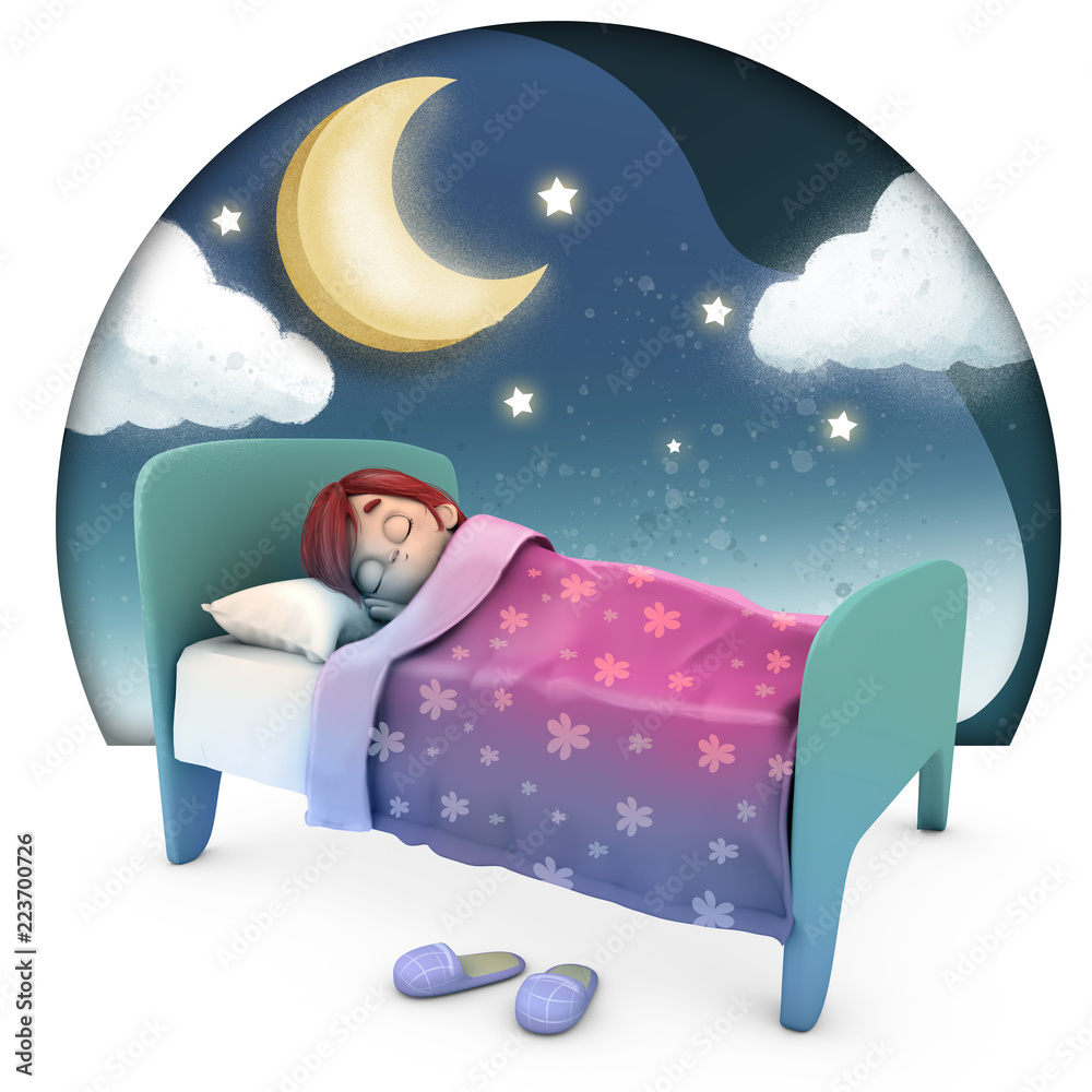 niña durmiendo en su cama de noche ilustração do Stock