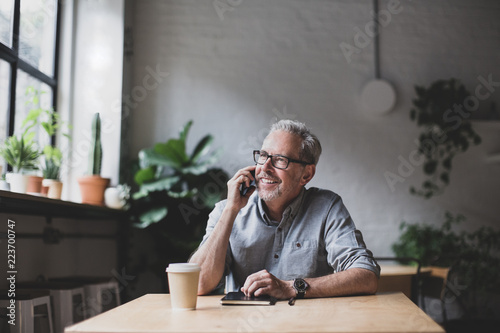 Mature businessman working in a cafe