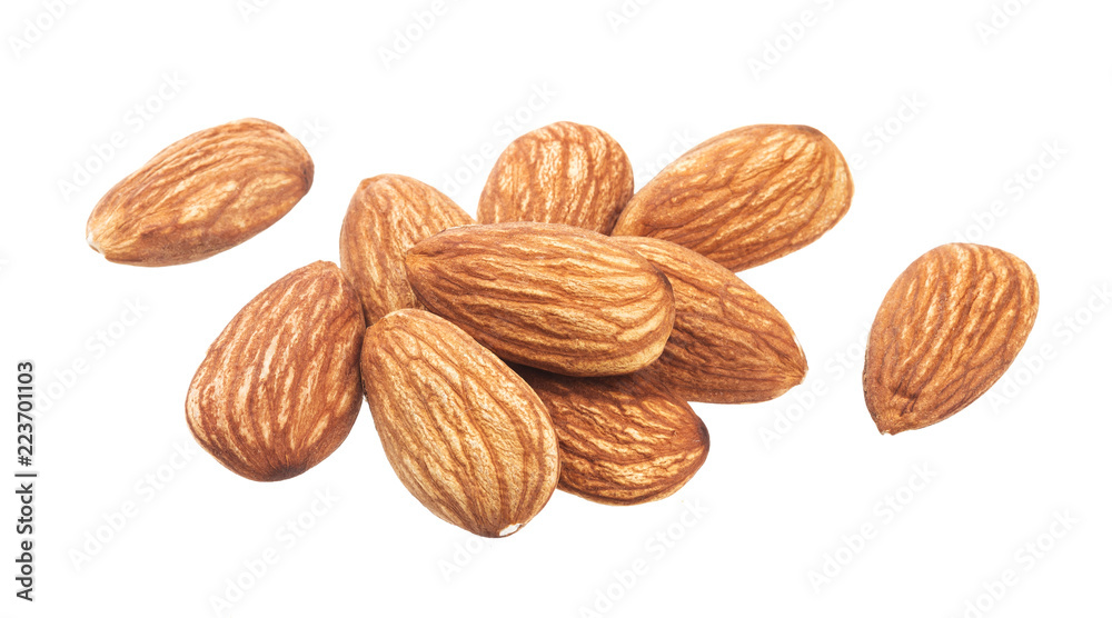 Heap of almond nuts isolated on a white background Heap of almond nuts isolated on a white background