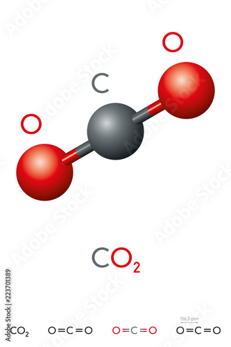 Carbon dioxide, CO2, molecule model and chemical formula. Carbonic acid gas. Colorless gas. Ball-and-stick model, geometric structure and structural formula. Illustration on white background. Vector