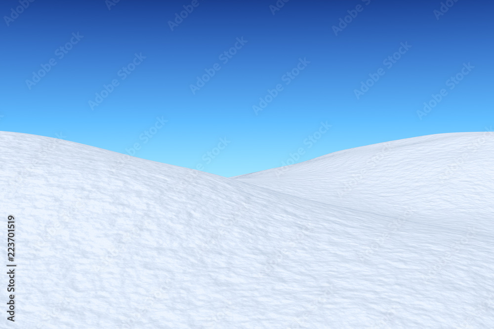 Snowy field with hills under blue sky