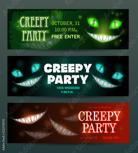 Creepy party banners layouts set. Vector scary night invitation flyers.
