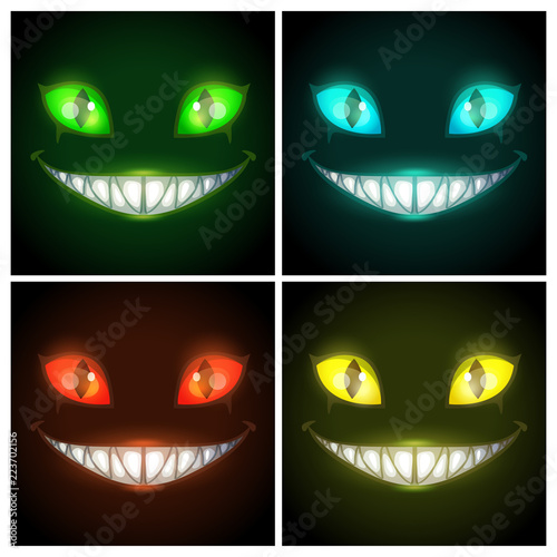 Halloween creepy posters set. Fantasy scary smiling evil animal face on the black background.