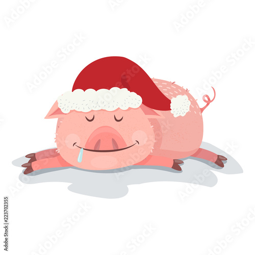 A funny new year's Piggy 2019 symbol. A pig in a New Year's hat is asleep.