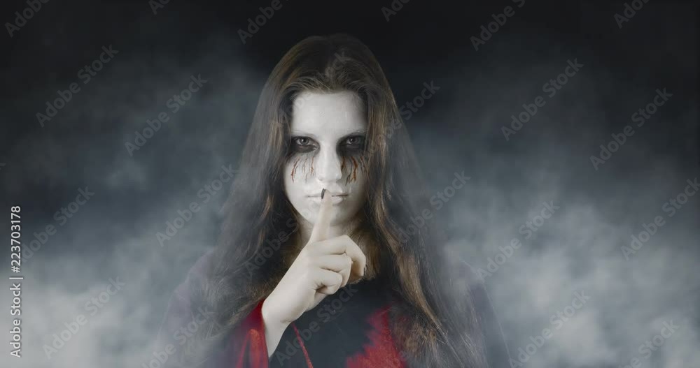 Hush-hush! - teenage girl, disguised for Halloween, standing in an eerie, foggy environment - ProRes Hush-hush! - teenage girl, disguised for Halloween, standing in an eerie, foggy environment - ProRes