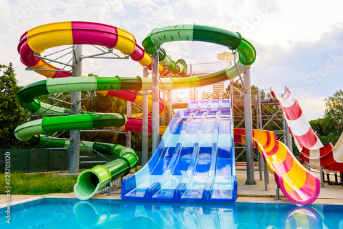 Water park, slides near the pool, summer holidays photo