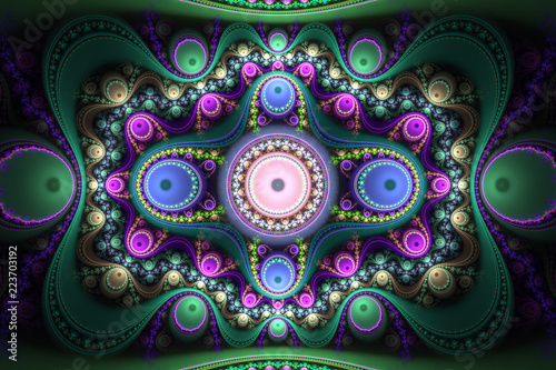 Abstrct Digital Artwork. Beautiful concentric symmetrical pattern. Technologies of fractal graphics.