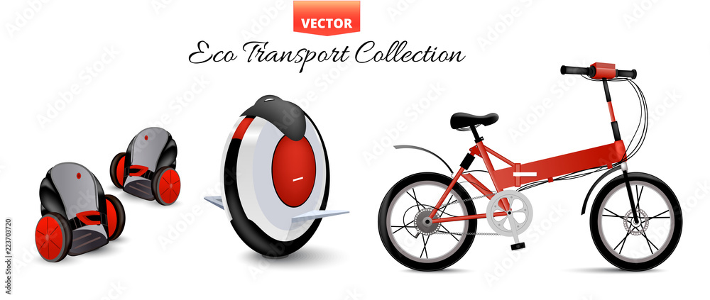 Mono wheel isolated roller scooter. Balance bikes. Different scooters eco  alternative city transport. Realistic biking and rolling wheels. Push cycle  gyroscooter. Kick scooter and monowheel segway. Stock Vector | Adobe Stock