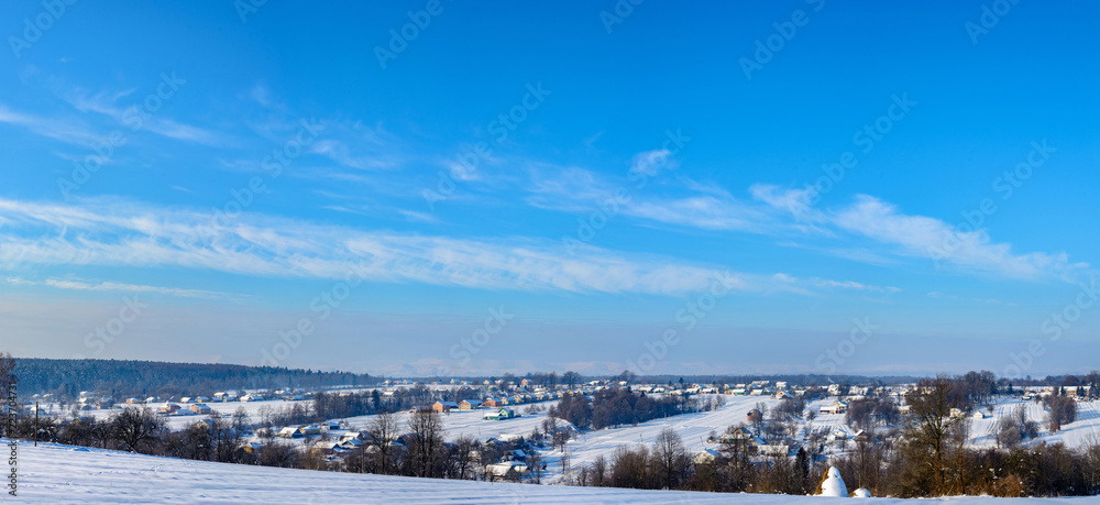 Amazing panorama of the Ukrainian village in western Ukraine in winter