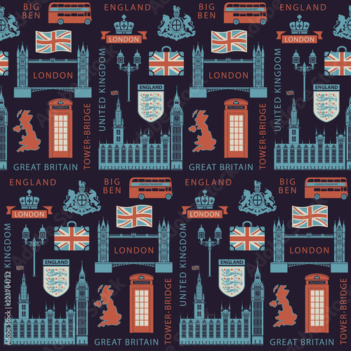 Vector seamless Background on UK and London theme with British symbols, architectural landmarks and flag of the United Kingdom in retro style. Can be used as wallpaper or wrapping paper