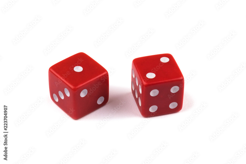 Two red dice closeup, isolated on white background, one and two Two red dice closeup, isolated on white background, one and two