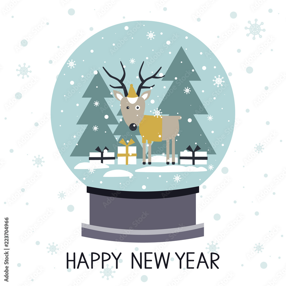 Colorful background with snow globe and english text. Deer in hat and ...