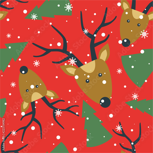 Seamless pattern, deers, fir trees, snow, hand drawn overlapping backdrop. Colorful background vector. Design illustration. Decorative wallpaper, good for printing. Happy New Year. Winter time