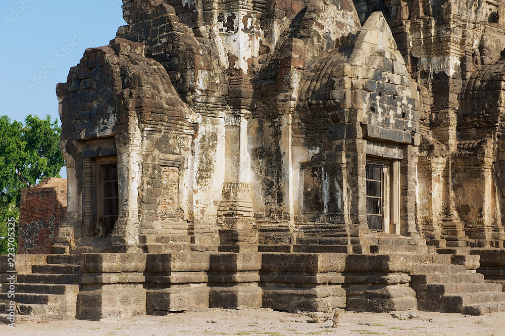 Exterior detail of the Prang Sam Yot, originally a Hindu shrine, converted to a Buddhist one in Lopburi, Thailand.