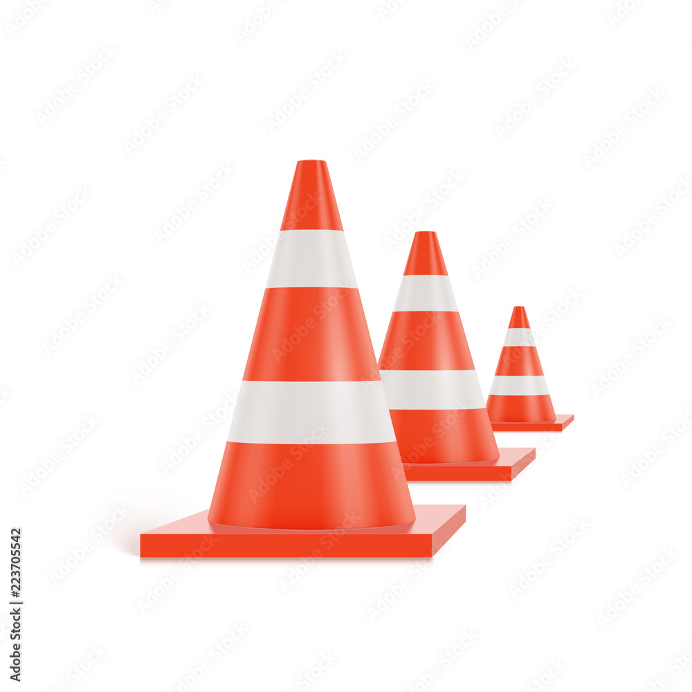 3d traffic cones with white and orange stripes on white background, realistic vector illustration 3d traffic cones with white and orange stripes on white background, realistic vector illustration