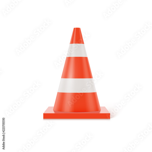 3d traffic cone with white and orange stripes on white background, realistic vector illustration