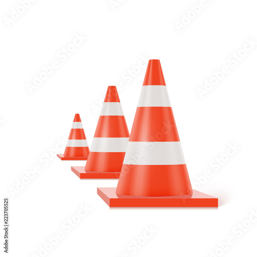 3d traffic cones with white and orange stripes on white background, realistic vector illustration