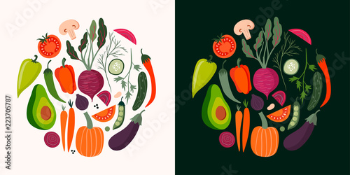 Vegetables cards collection with hand drawn isolated elements, vector design photo