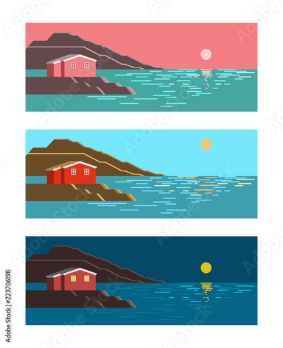 Summer sea sun dawn, noon and night colorful landscape with brown stone cliff, little red house, sun or moon in sky, with reflect in the water. Vector seaside, flat infographic illustration.
