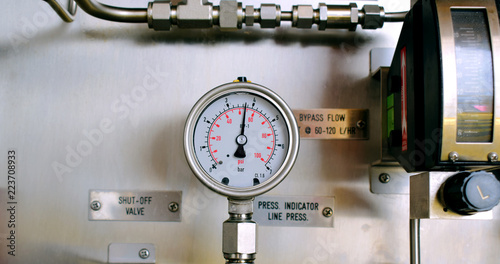 Pressure gauge of co2 calculator on gas process. Wellhead platform.Pressure gauge 