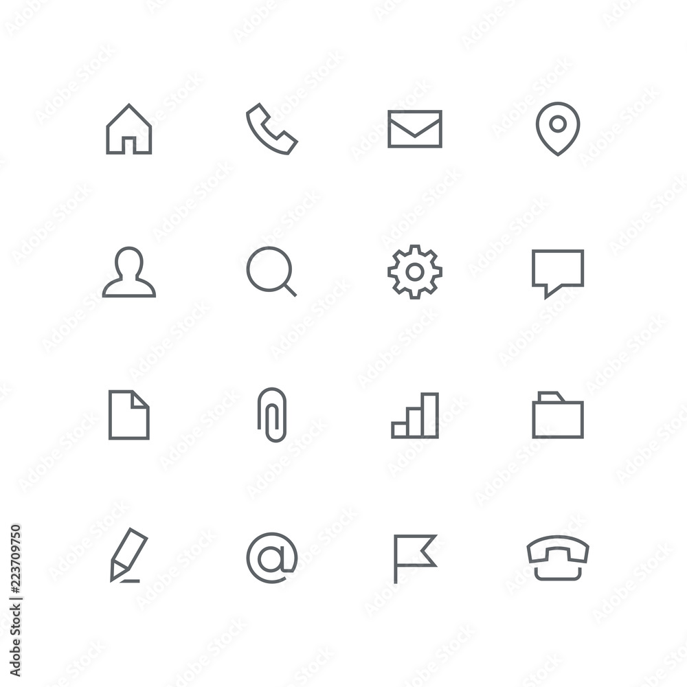 Main outline icon set - home, phone, envelope, address, man, magnifier, gear wheel, chat, file, paper clip, graph, folder, pen, email and flag symbol. Contacts, office and business vector signs. Main outline icon set - home, phone, envelope, address, man, magnifier, gear wheel, chat, file, paper clip, graph, folder, pen, email and flag symbol. Contacts, office and business vector signs.