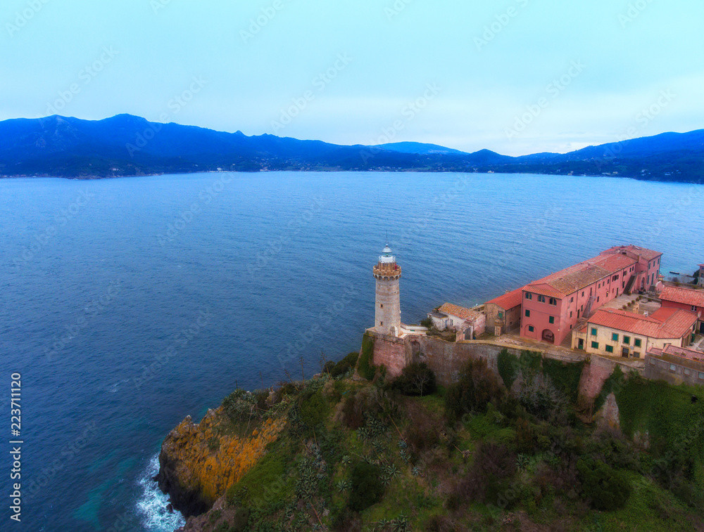 Aerial view of the old stone lighthouse of Portoferraio, Elba island, Italy.