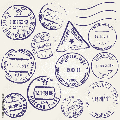 Vector set of vintage postage stamps from countries all over the world. Grunge style.
