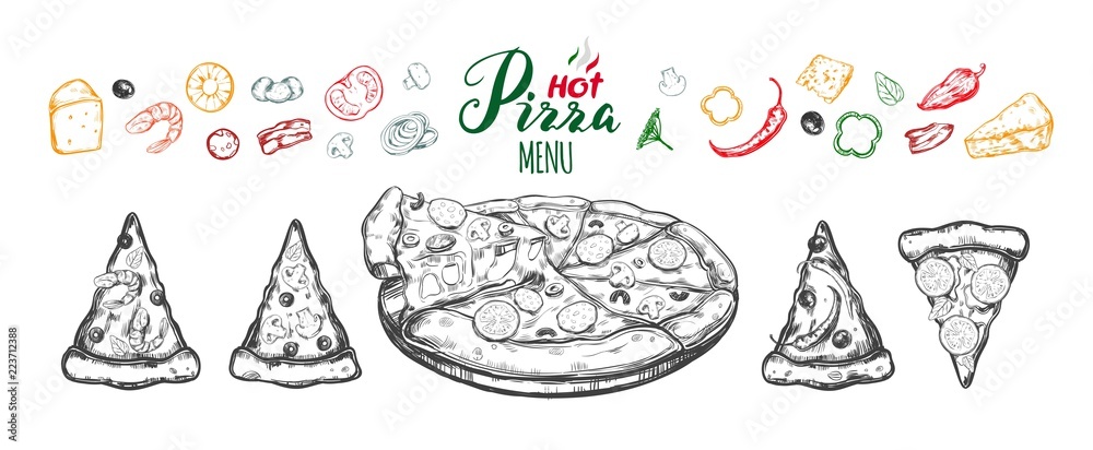 Hot Pizza set with ingredients and different types of pizza slices
