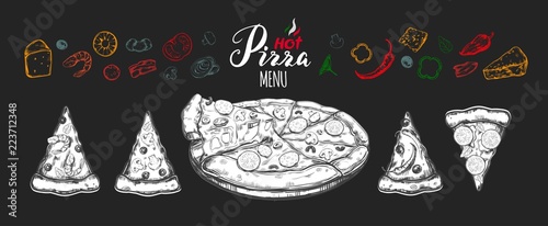 Hot Pizza set with ingredients and different types of pizza slices 1