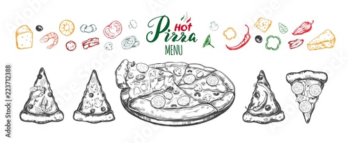 Hot Pizza set with ingredients and different types of pizza slices