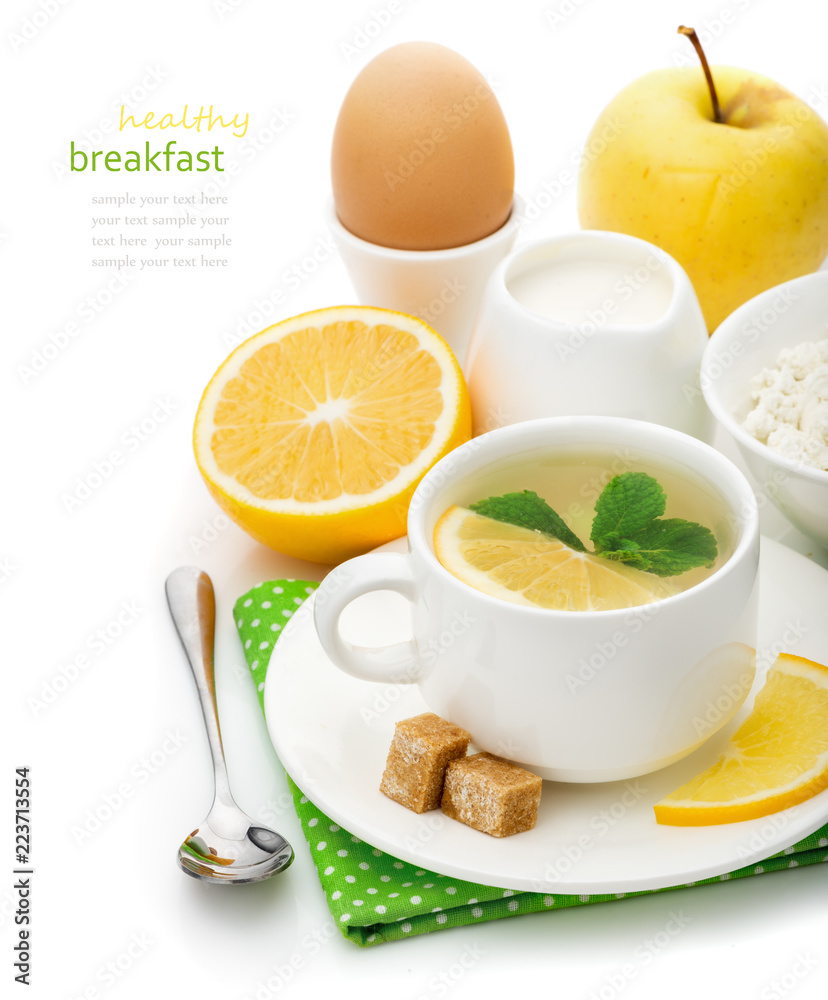 Mint tea with lemon and healthy breakfast Mint tea with lemon and healthy breakfast