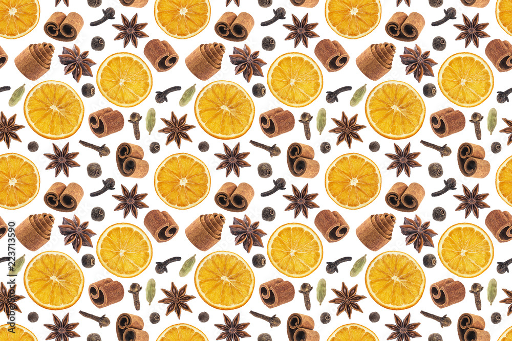 Seamless pattern of christmas spices for decoration. Ingredients for mulled wine isolated on white background. Cinnamon sticks, dried oranges, allspice, star anise. Seamless pattern of christmas spices for decoration. Ingredients for mulled wine isolated on white background. Cinnamon sticks, dried oranges, allspice, star anise.