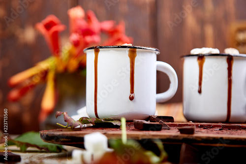 Hot chocolate with marshmallow candies on wooden background.