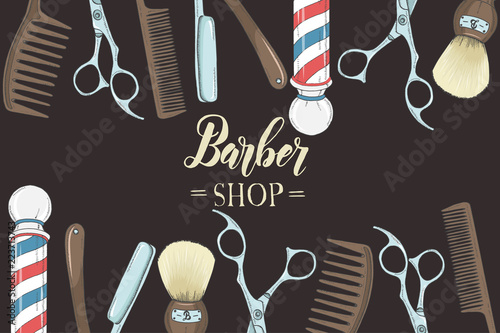 Hand drawn Barber Shop background  with doodle razor, scissors, shaving brush,  comb, classic barber shop Pole. Sketch. Lettering. Vector illustration. For flyer, brochure. Advertising