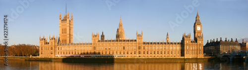 Panoramic view of the river Thames embankment with famous landmarks Big Ben, Houses of Parliament with beautiful blue sky in the morning. London, UK. April, 2006