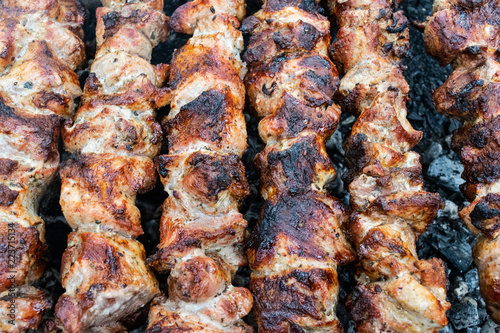 Frying pork on a skewer over a brazier. Turning meat over coals. Appetizing shish kebab. Delicious barbecue.