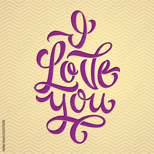 I Love You typography. Vector illustration for greeting cards, congratulations and confessions of love. Purple letters on light beige background. Congratulations on Valentine's Day. EPS10.