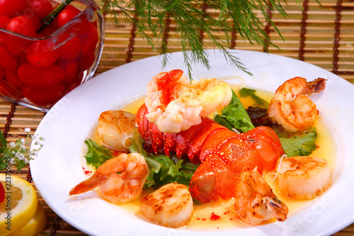 Lobster tail, shrimp and scallop