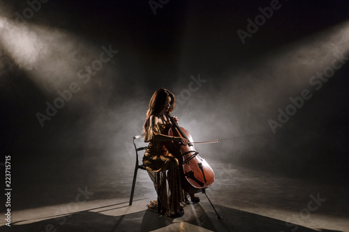 Foto The cellist performs on stage.