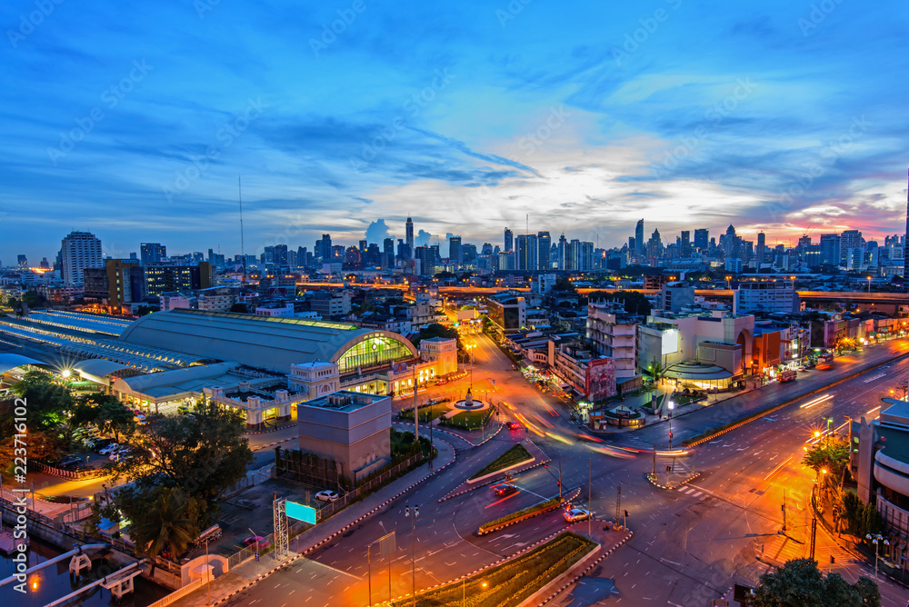 Fototapeta premium High view of city with traffic car in sunrise time / Good morning Bangkok