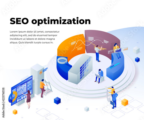 Search engine optimization and analytics. Promoting business on the Internet. Template in 3d isometric style. People work in a team and achieve the goal. Consulting for company performance.