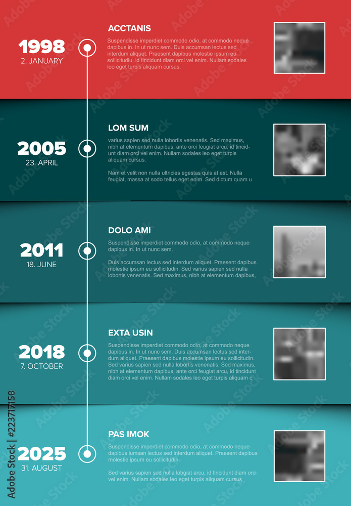 Timeline template with blue blocks and photo placeholders